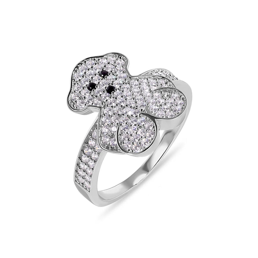 Sterling Silver Rhodium Plated Moissanite Teddy Bear Clear Studded Ring