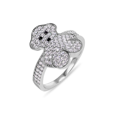 Sterling Silver Rhodium Plated Moissanite Teddy Bear Clear Studded Ring