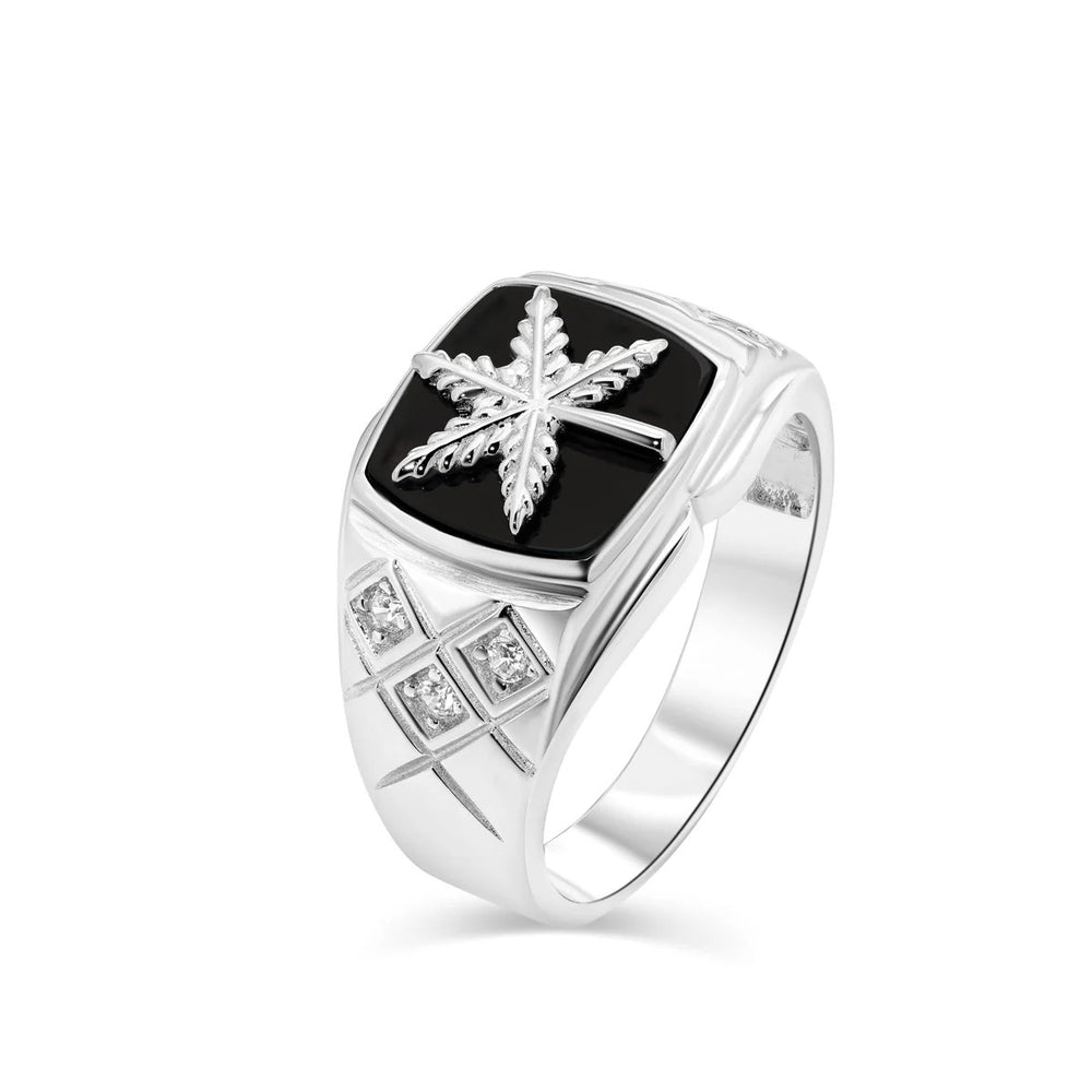 Sterling Silver Rhodium Plated Men's Moissanite Cannabis Black Onyx Ring
