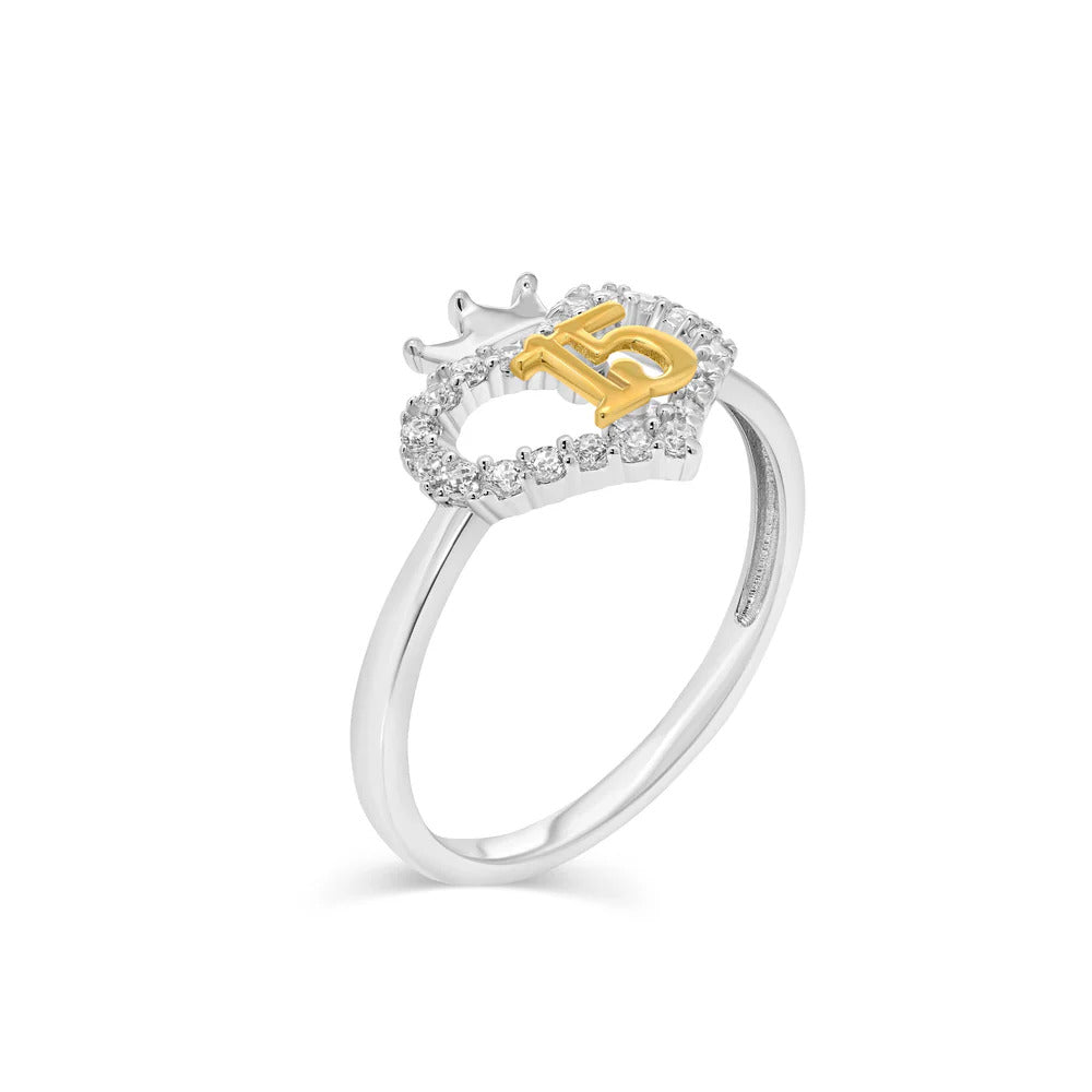 Sterling Silver Two Tone Plated Moissanite Quinceanera Crown Heart Ring