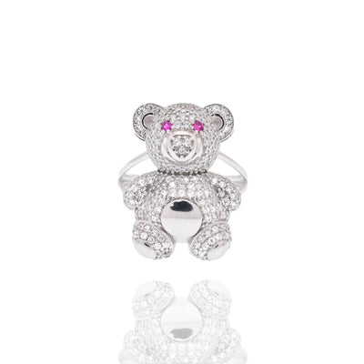 Sterling Silver Rhodium Plated Moissanite And Pink CZ Teddy Bear Ring