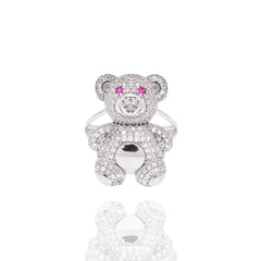 Sterling Silver Rhodium Plated Moissanite And Pink CZ Teddy Bear Ring