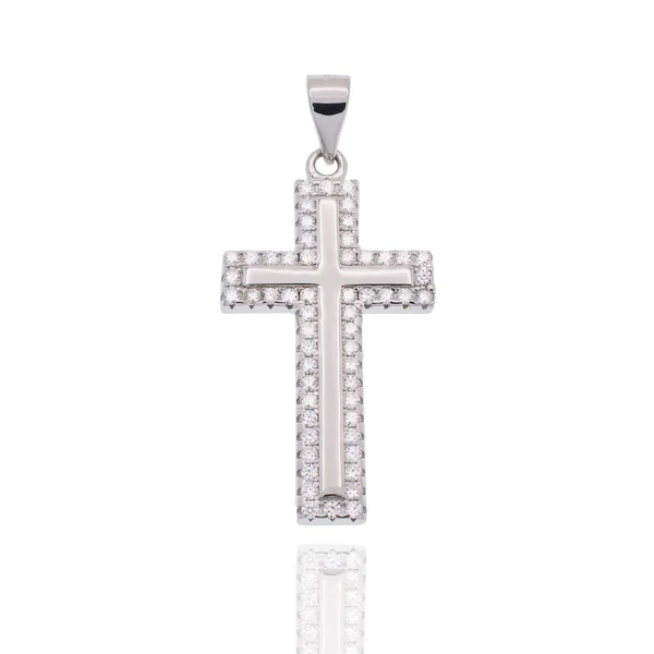 Sterling Silver Rhodium Plated Moissanite Border Cross Hip Hop Pendant