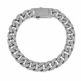 Sterling Silver Rhodium Plated Moissanite Pave Flat Cuban Link Bracelet
