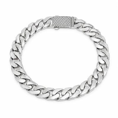 Sterling Silver Rhodium Plated Moissanite On Lock Flat Cuban Link Bracelet