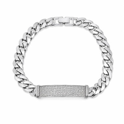 Sterling Silver Rhodium Plated Moissanite Pave Bar Cuban Link Bracelet