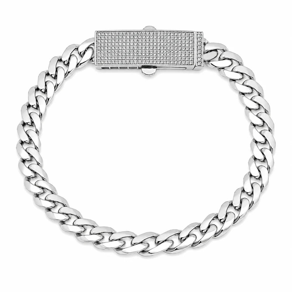 Sterling Silver Rhodium Plated Moissanite Pave Bar Lock Cuban Link Bracelet