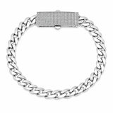 Sterling Silver Rhodium Plated Moissanite Pave Bar Lock Cuban Link Bracelet