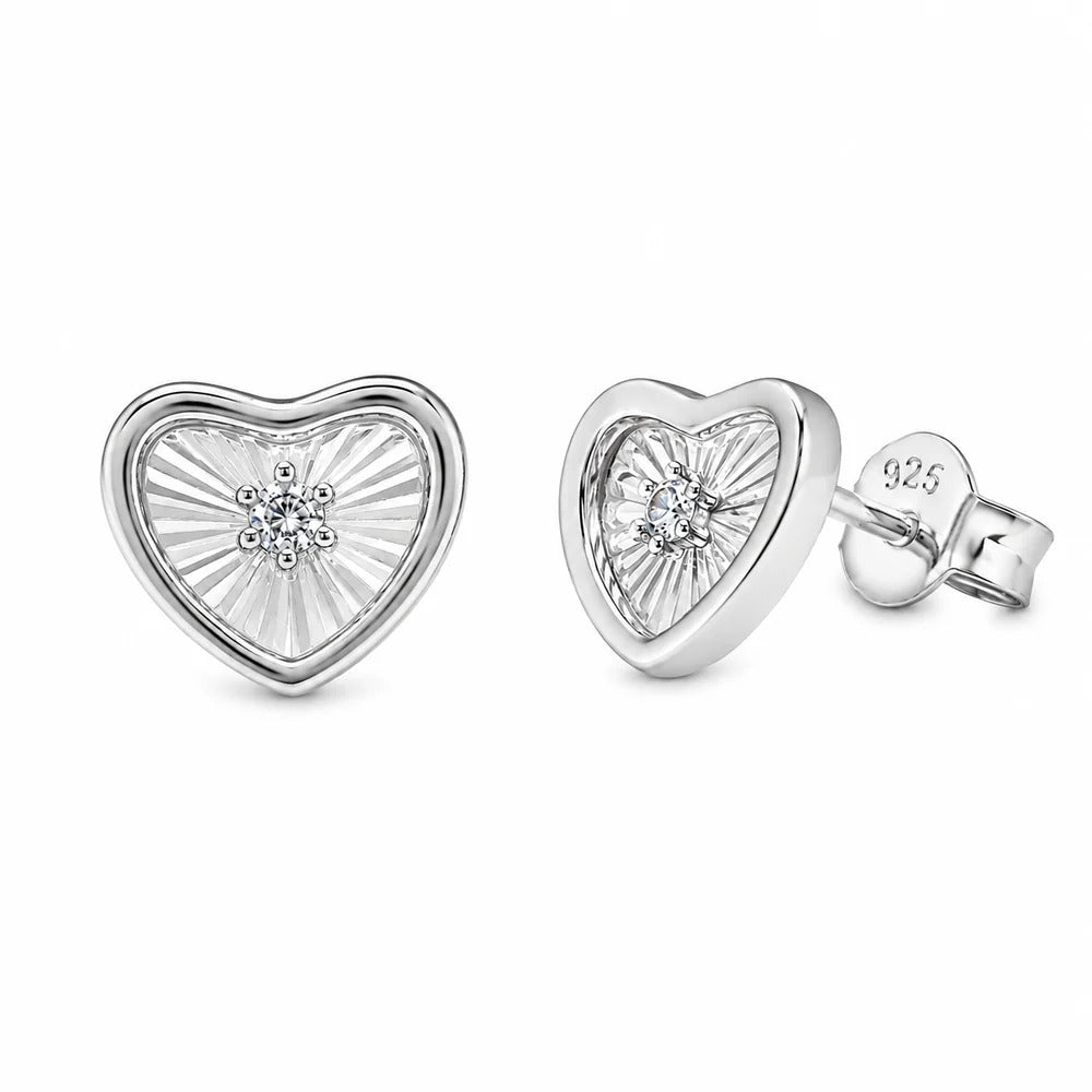 Sterling Silver Rhodium Plated Moissanite Diamond Cut Heart Stud Earrings