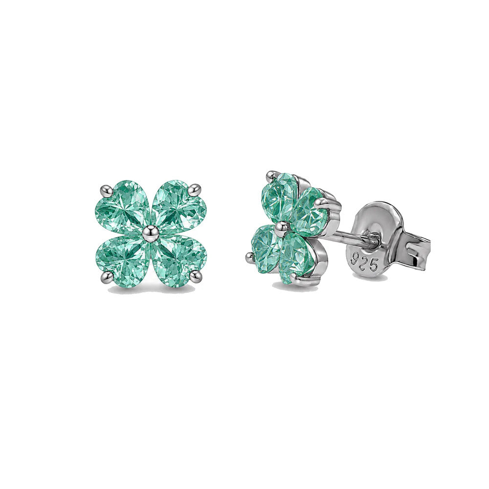 Sterling Silver Rhodium Plated Green Moissanite Lucky Clover Stud Earrings