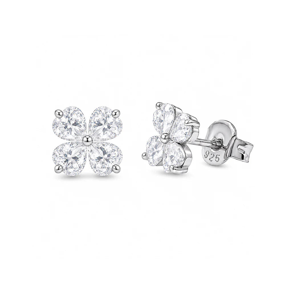 Sterling Silver Rhodium Plated Moissanite Lucky Clover Stud Earrings