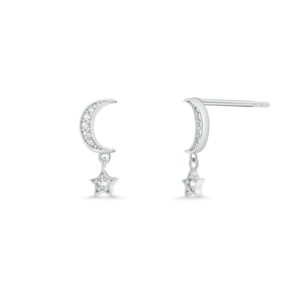 Sterling Silver Rhodium Plated Moissanite Moon And Star Drop Stud Earrings