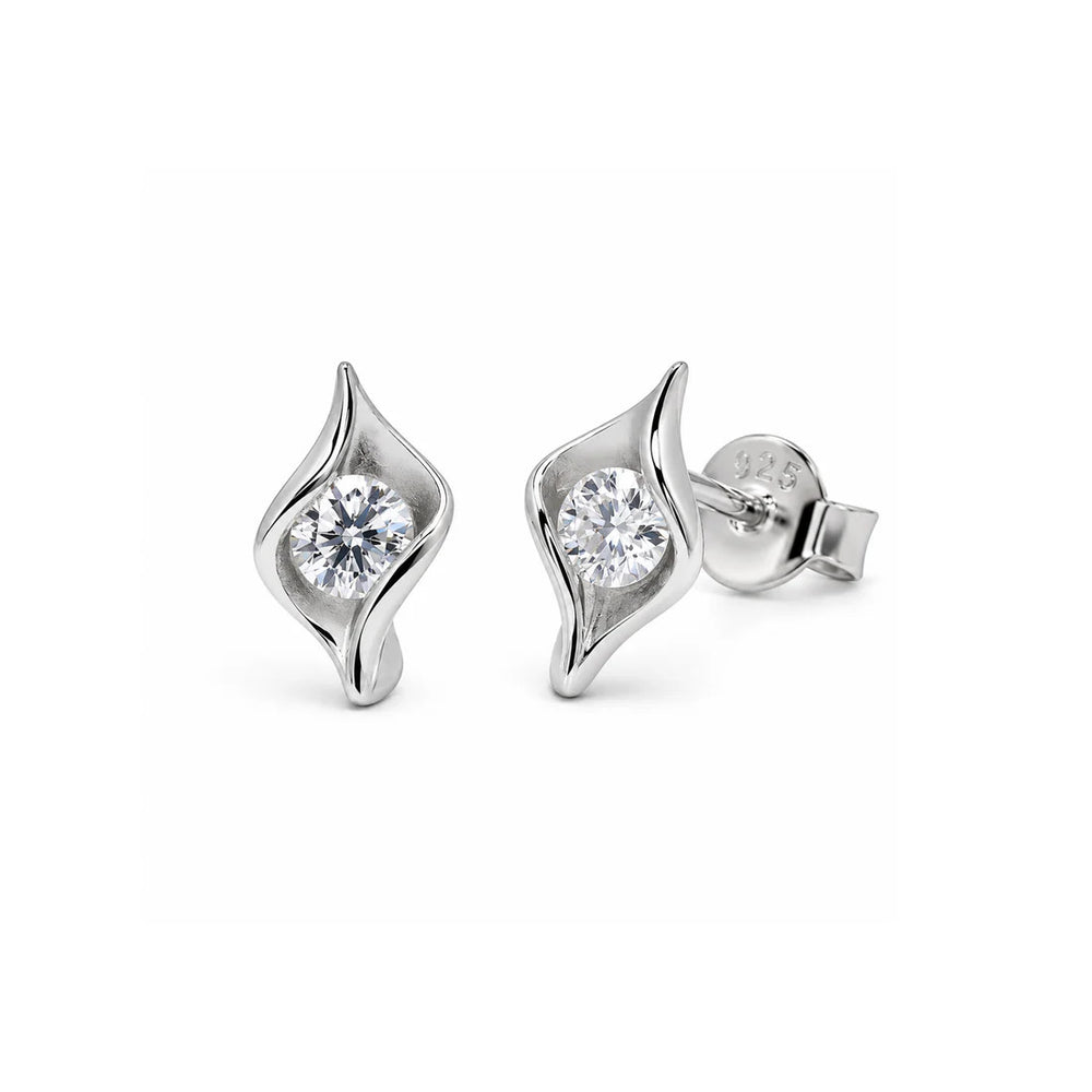 Sterling Silver Rhodium Plated Moissanite Wave Swirl Stud Earrings