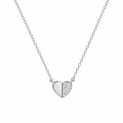 Sterling Silver Rhodium Plated Moissanite Half Pave Heart Pendant Adjustable Necklace