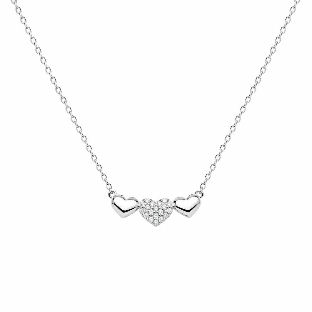 Sterling Silver Rhodium Plated Moissanite Triple Heart Pave Necklace