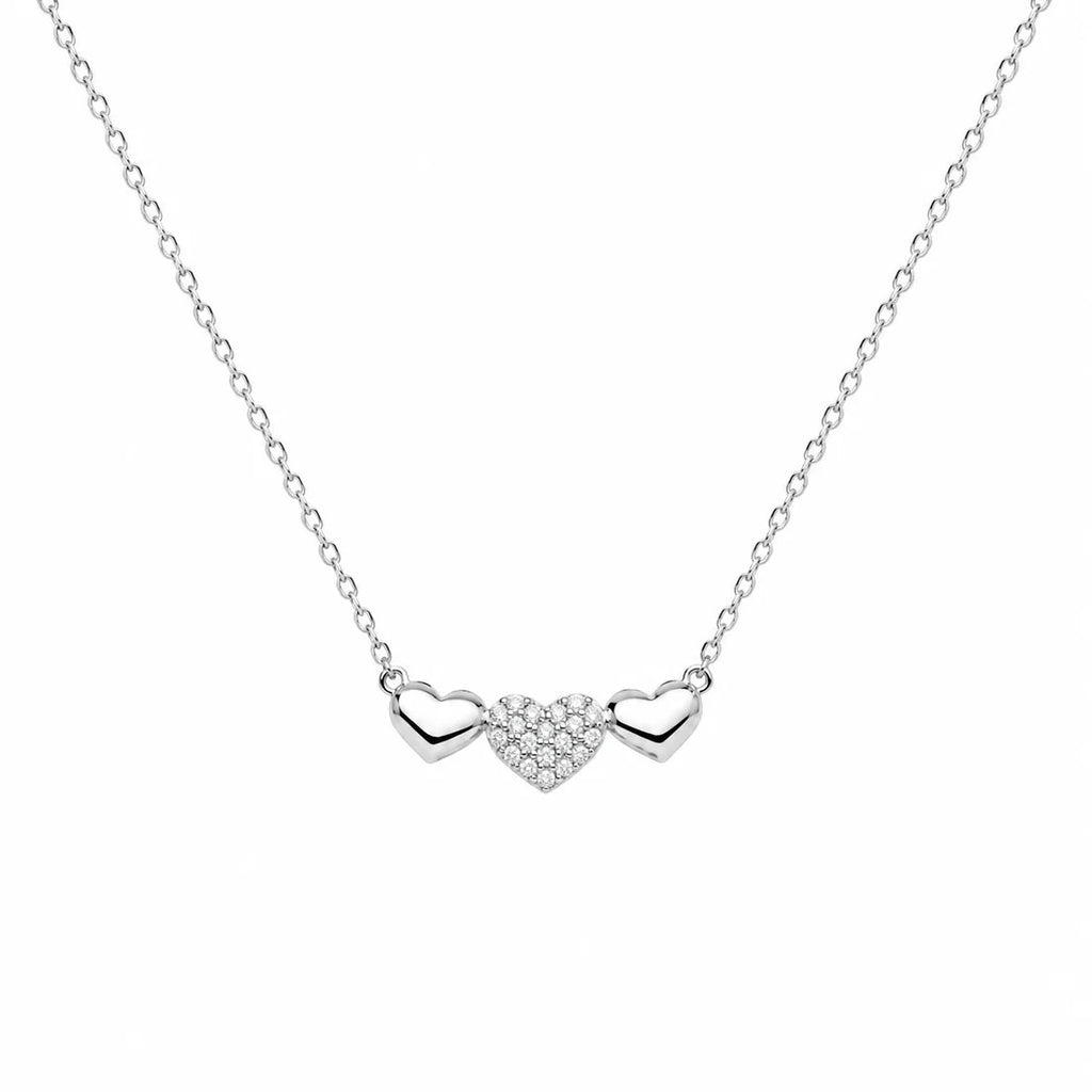 Sterling Silver Rhodium Plated Moissanite Triple Heart Pave Necklace