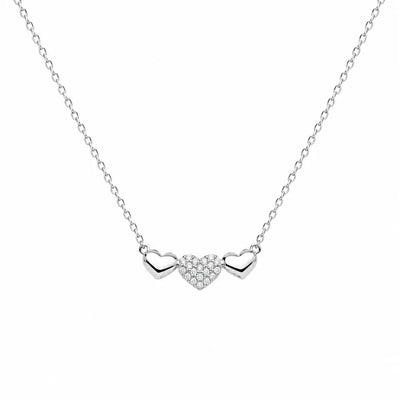 Sterling Silver Rhodium Plated Moissanite Triple Heart Pave Necklace