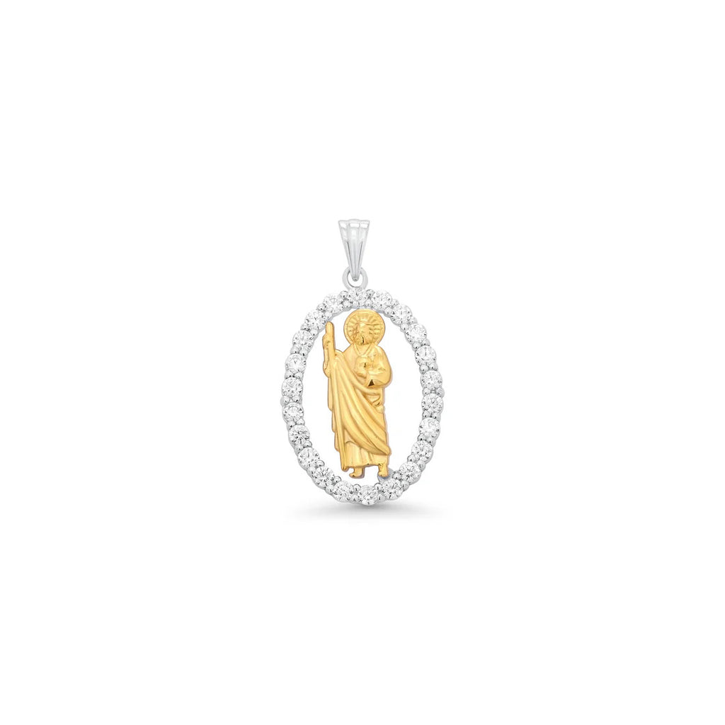 Sterling Silver Two Tone Plated Moissanite Saint Jude Oval Clear Pendant