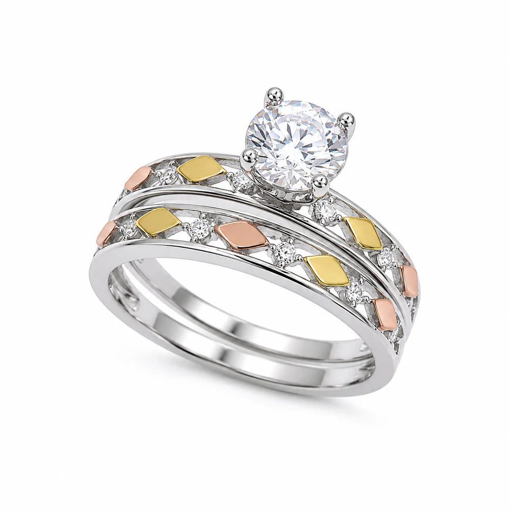 Sterling Silver threeTone Plated Moissanite Diamond Cut Solitaire Ring