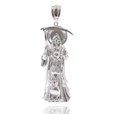 Sterling Silver Rhodium Plated Santa Muerte Baguette Clear CZ Pendant
