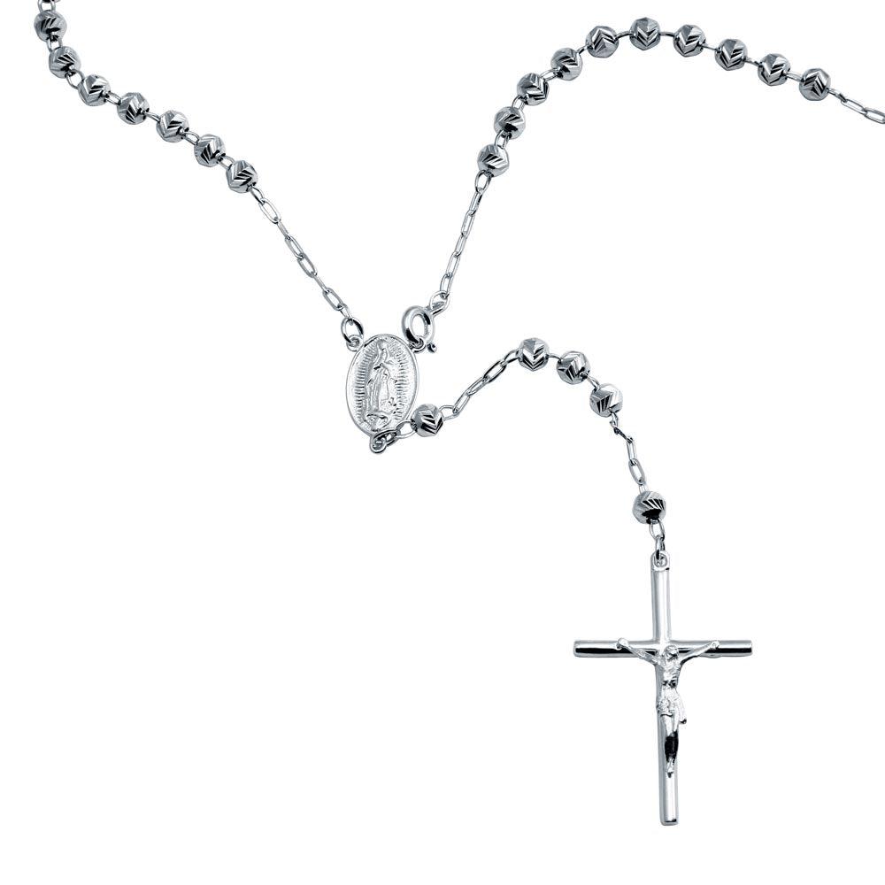 Sterling Silver High Polished 6mm Diamond V Cut Beads Rosary Necklace