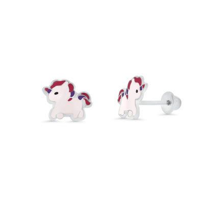Sterling Silver High Polished Colored Enamel Unicorn Pony Earrings