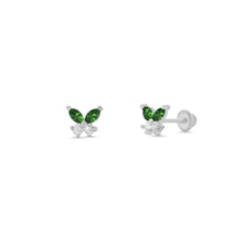 Load image into Gallery viewer, Sterling Silver High Polished Green And Clear CZ Butterfly Earrings