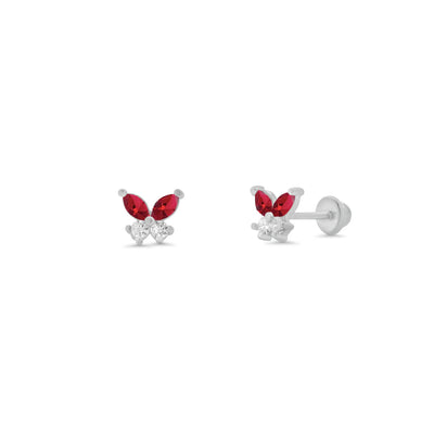Sterling Silver High Polished Red And Clear CZ Butterfly Earrings