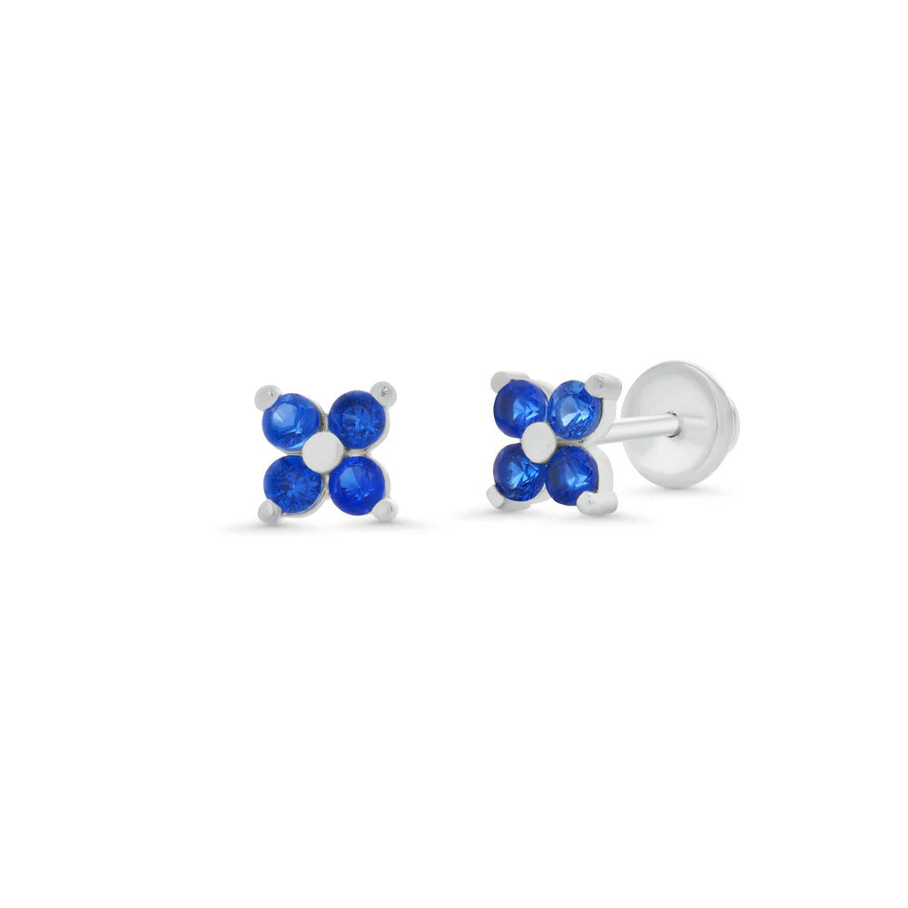 Sterling Silver High Polished Blue CZ Clover Flower Earrings