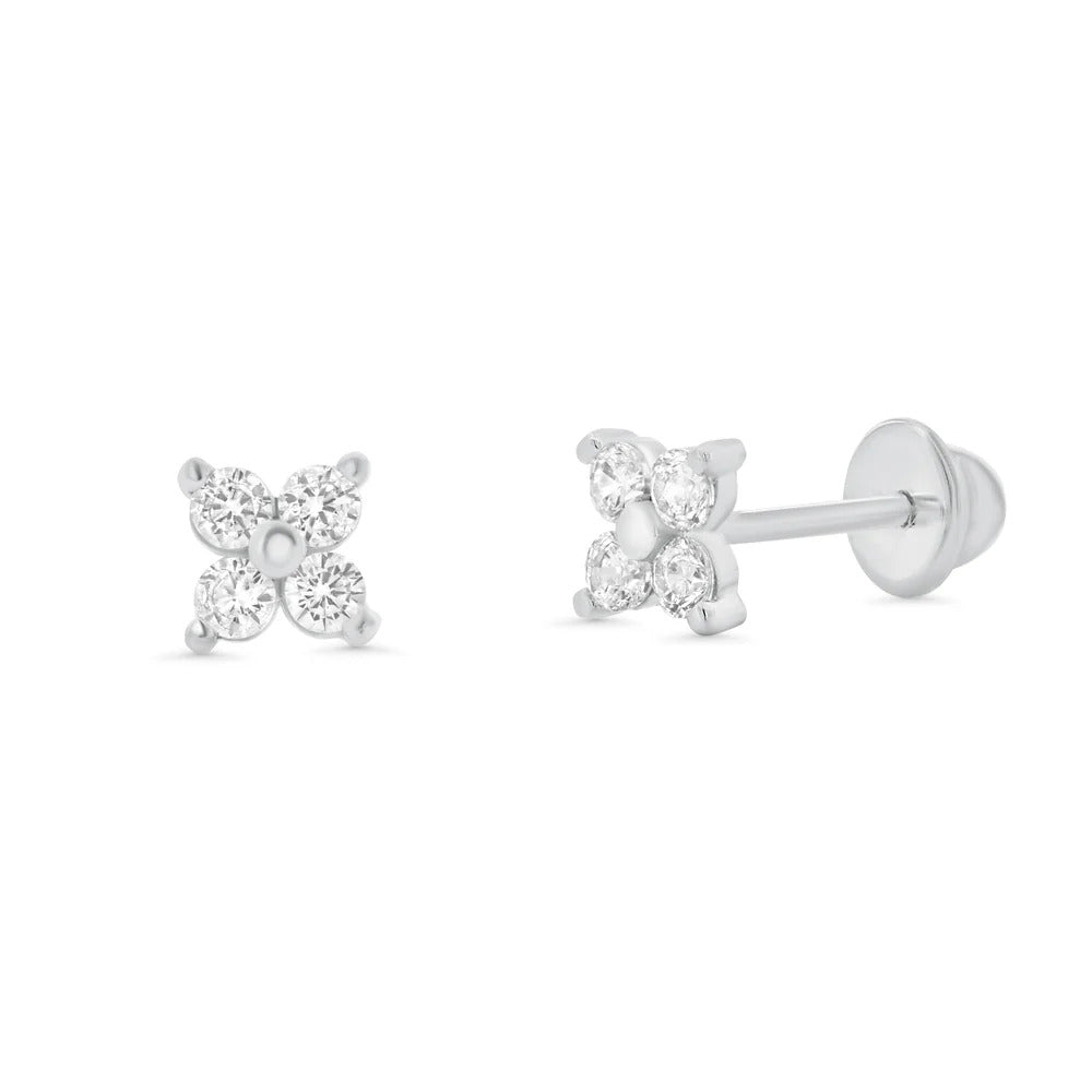 Sterling Silver High Polished CZ Clover Flower Earrings