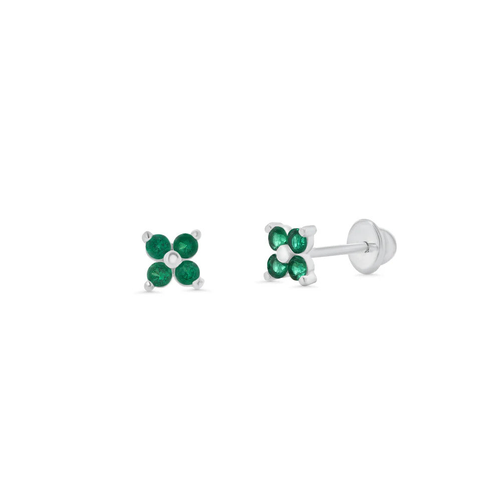 Sterling Silver High Polished Green CZ Clover Flower Earrings