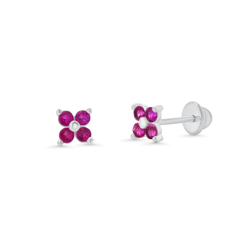Sterling Silver High Polished Red CZ Clover Flower Earrings