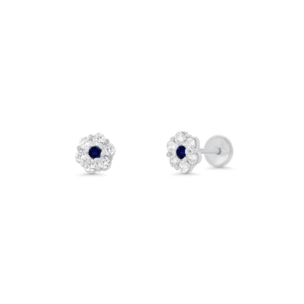 Sterling Silver High Polished Blue And Clear CZ Mini Rosette Earrings