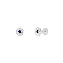 Load image into Gallery viewer, Sterling Silver High Polished Blue And Clear CZ Mini Rosette Earrings
