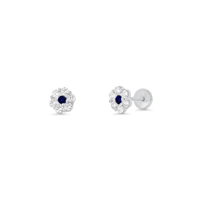 Sterling Silver High Polished Blue And Clear CZ Mini Rosette Earrings