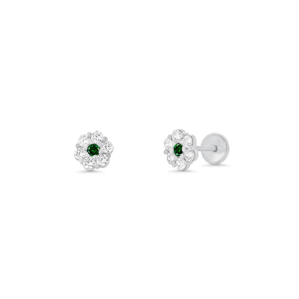 Sterling Silver High Polished Green And Clear CZ Mini Rosette Earrings