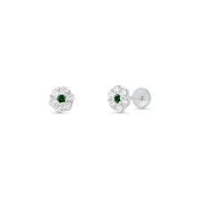 Load image into Gallery viewer, Sterling Silver High Polished Green And Clear CZ Mini Rosette Earrings