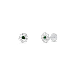 Sterling Silver High Polished Green And Clear CZ Mini Rosette Earrings