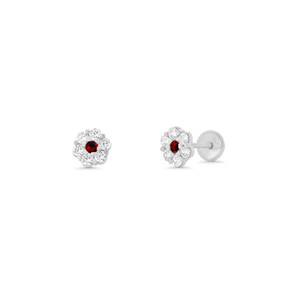Sterling Silver High Polished Red And Clear CZ Mini Rosette Earrings