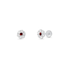 Sterling Silver High Polished Red And Clear CZ Mini Rosette Earrings