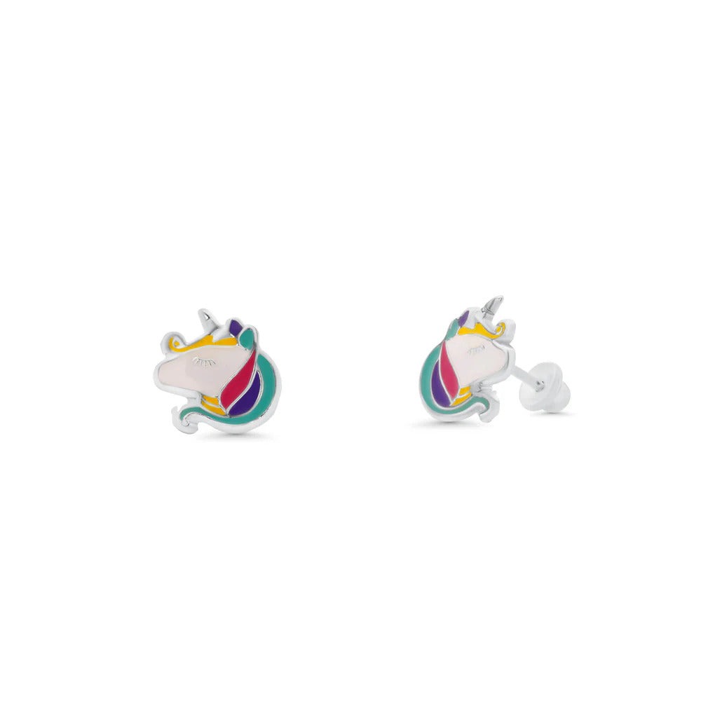 Sterling Silver High Polished Multi Color Enamel Unicorn Head Earrings