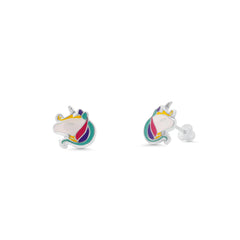 Sterling Silver High Polished Multi Color Enamel Unicorn Head Earrings