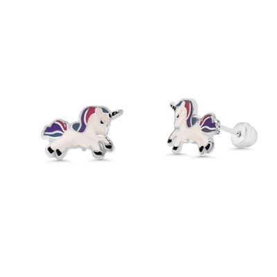 Sterling Silver High Polished Multi Colored Enamel Unicorn Earrings