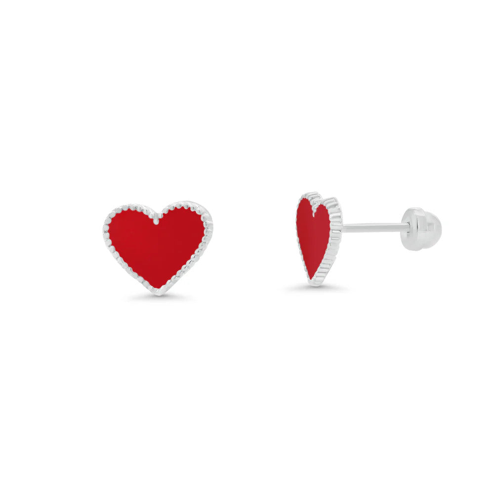 Sterling Silver High Polished Red Enamel Heart Earrings