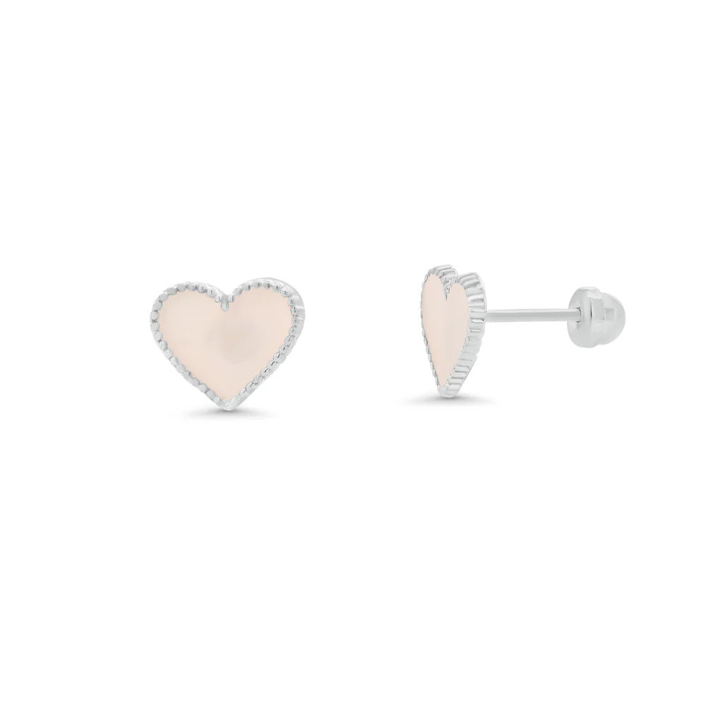 Sterling Silver High Polished White Enamel Heart Earrings