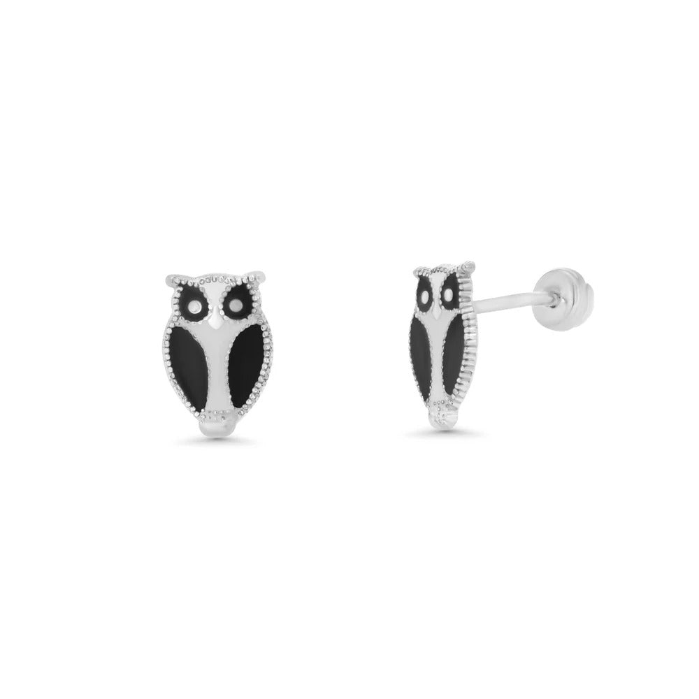 Sterling Silver High Polished Black Enamel Owl Earrings