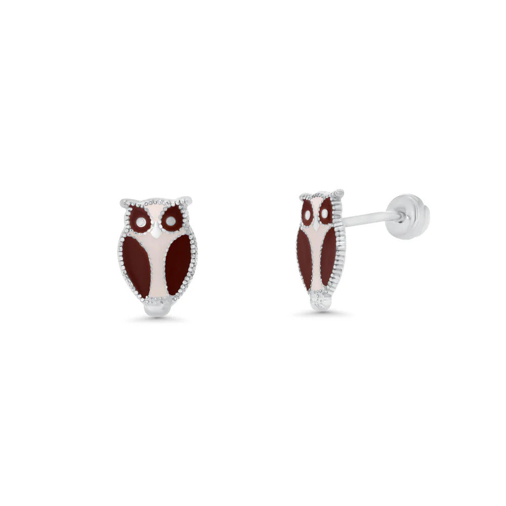 Sterling Silver High Polished Brown Enamel Owl Earrings
