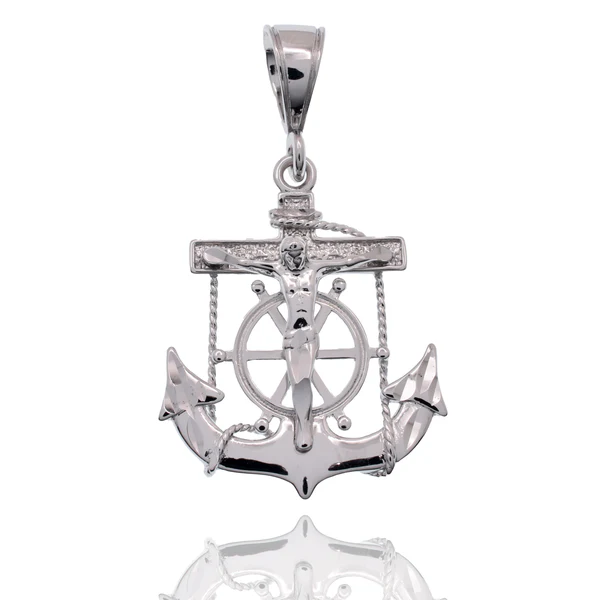Sterling Silver Rhodium Plated Anchor Crucifix Nautical Pendant