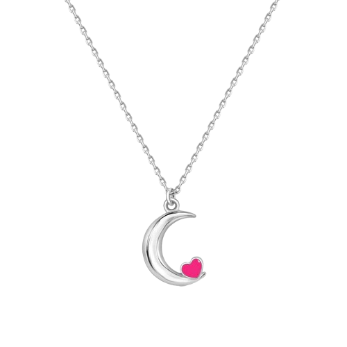 Sterling Silver Rhodium Plated Moon Pink Heart Enamel Necklace Pendant