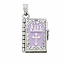 Load image into Gallery viewer, Sterling Silver High Polish Small Purple Colored Enamel English Bible Pendant